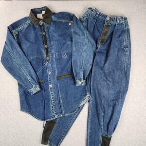 Vintage Ary Cooper Denim Jacket Pants Set Womens Small Blue Leather Trim 80s